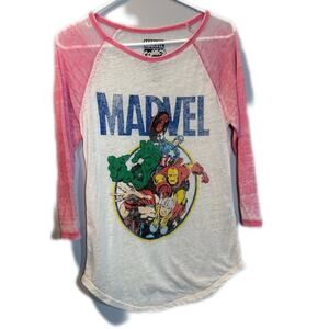 Marvel comics Raglin burnout tee shirt with superheroes